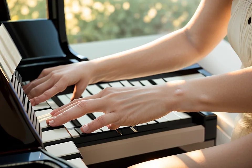 Manos practicando acordes básicos de piano cristiano en un teclado digital Casio