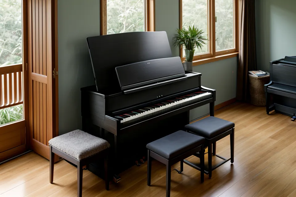 Teclas de piano digital junto a una laptop cerrada, alivio de salud mental para quien traduce freelance.