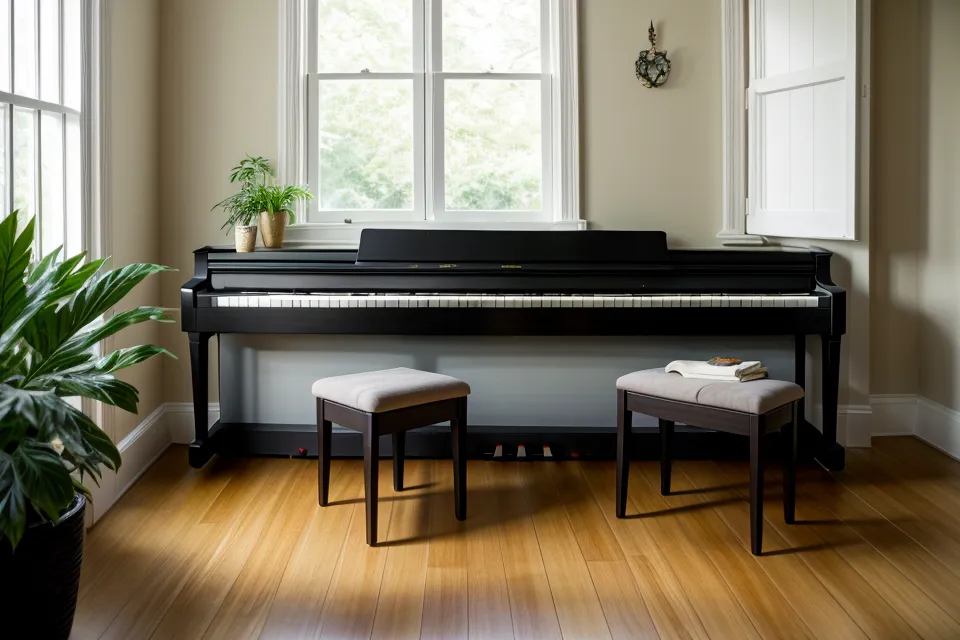 Manos de una principiante de piano descansando sobre las teclas, pausa de bienestar creativo tras horas de traducción.