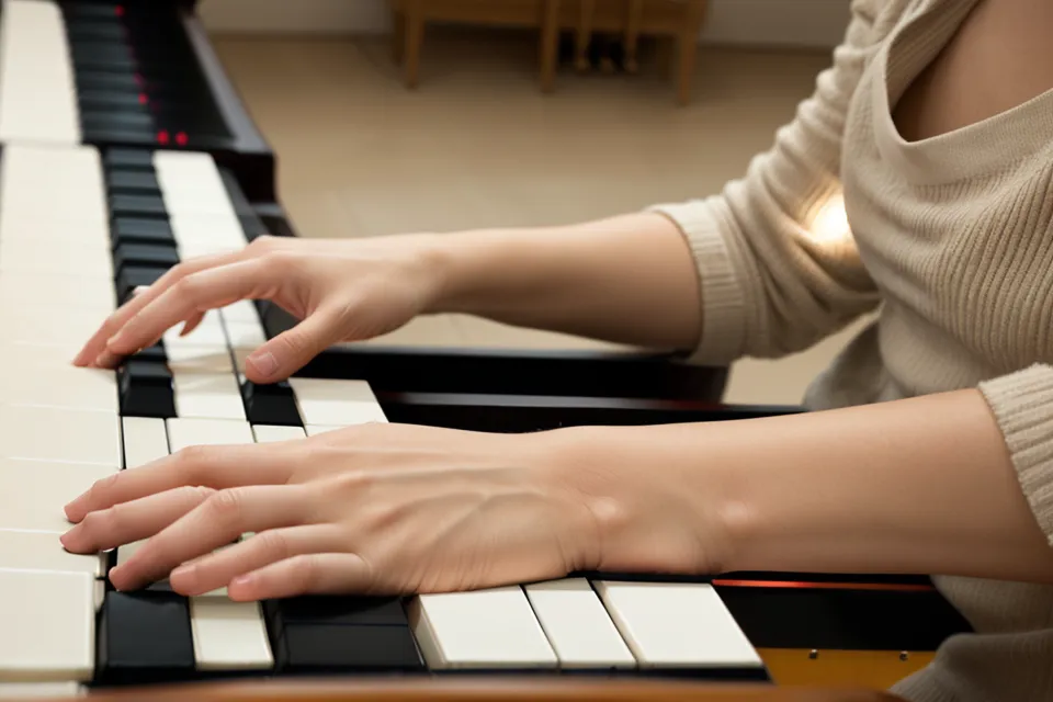Manos descansando sobre las teclas de un piano digital tras una jornada de traducción freelance, con una laptop al fondo.