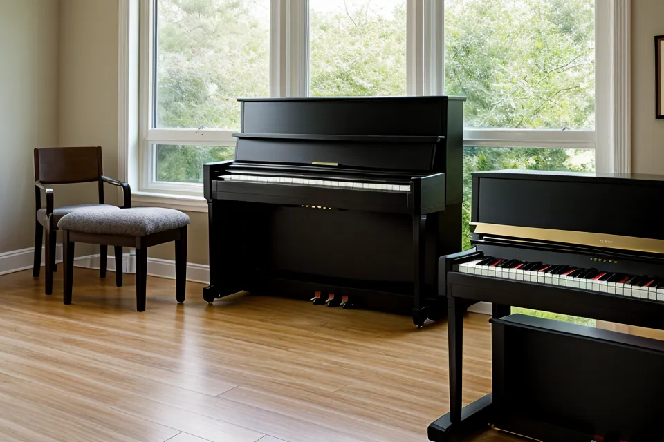 Piano digital compacto en un apartamento pequeño con un gato durmiendo en la silla.