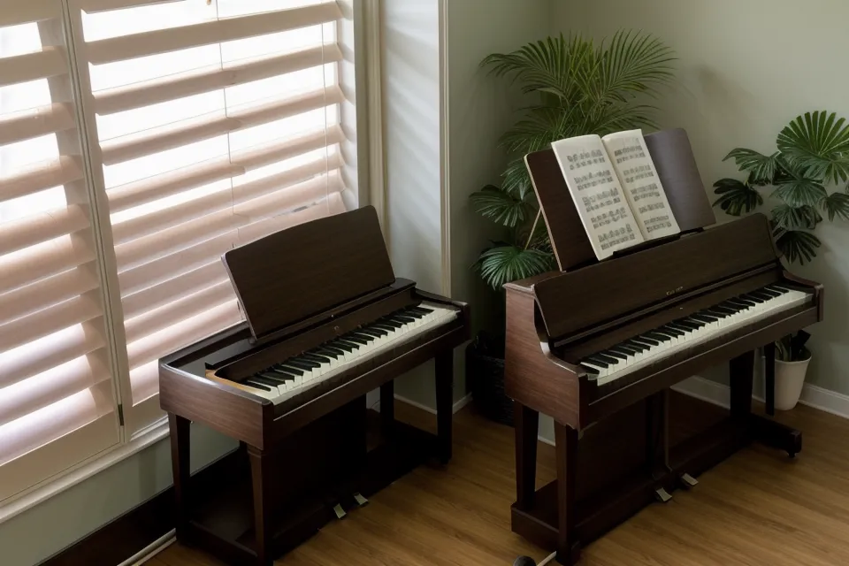 Puertos traseros de un piano digital Casio sobre una mesa de madera