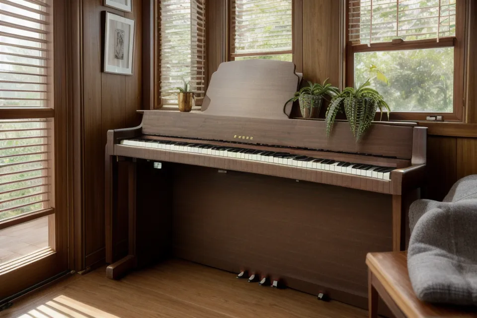 Teléfono inteligente grabando una sesión de piano sobre una mesa de madera