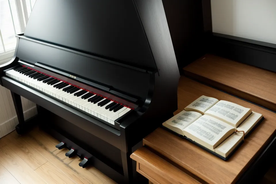 Cancionero de iglesia abierto sobre el atril de un piano digital