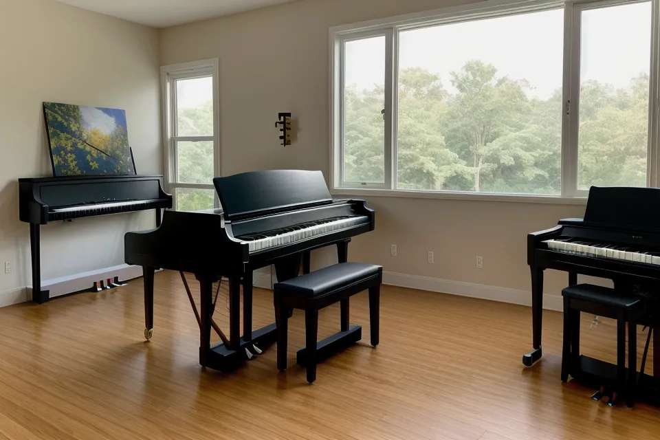 Mano sobre piano digital junto a un himnario antiguo con hojas amarillentas