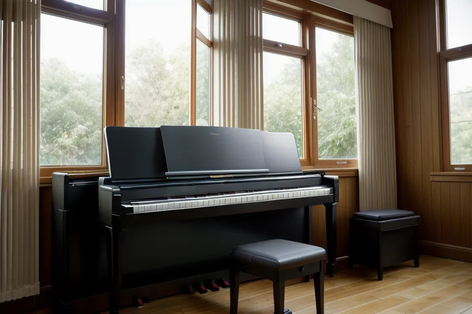 Teclas de piano digital con gafas de lectura en un ambiente de estudio tranquilo
