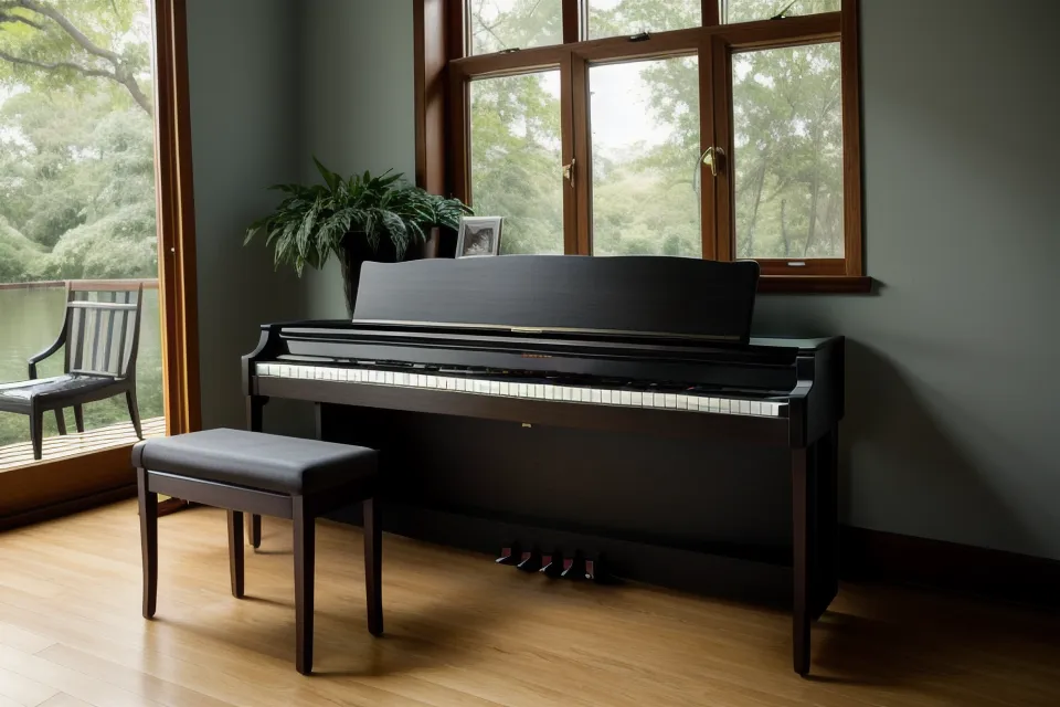 Primer plano de mano sobre teclas de piano junto a un himnario con notas a lápiz