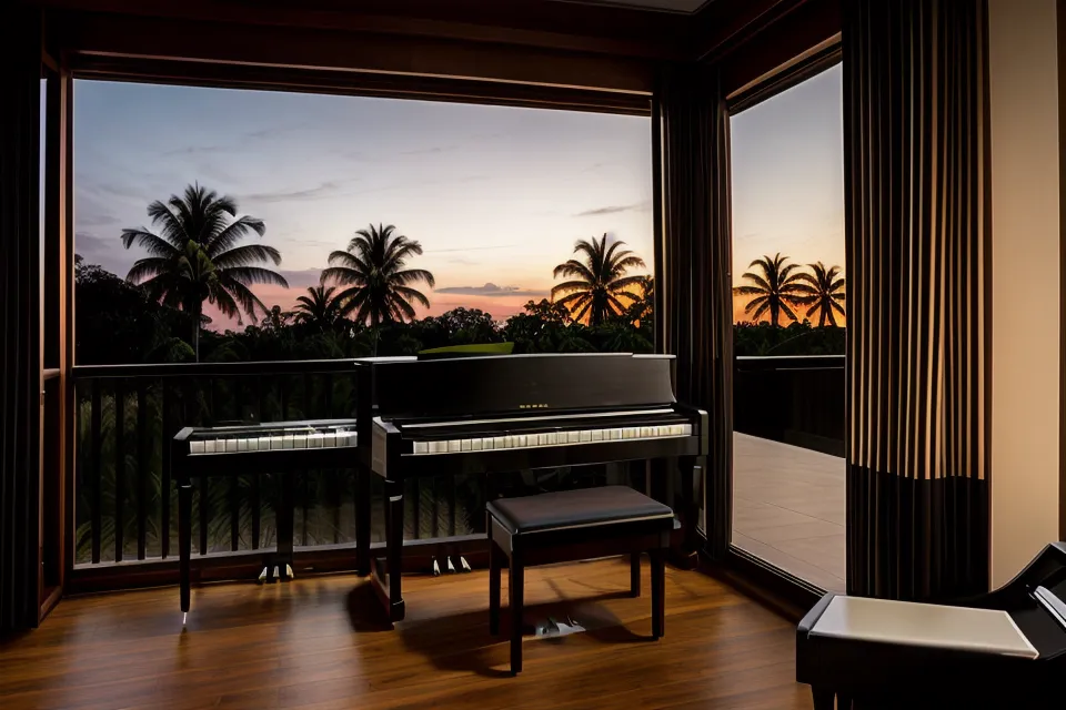 Rincón de práctica de piano en un apartamento de Cali al atardecer, entre himnos cristianos y traducciones