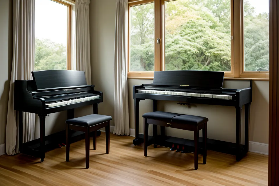 Piano digital de 88 teclas, un instrumento amplio para principiantes, ocupando espacio en una mesa de comedor