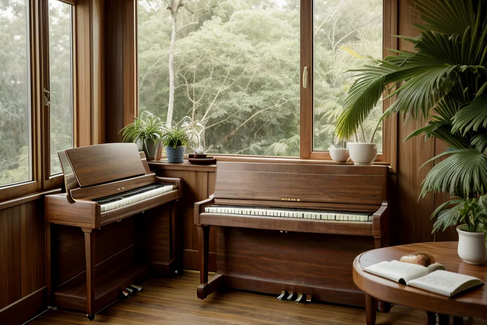 Manos tocando un acorde en un piano Casio junto a un café.