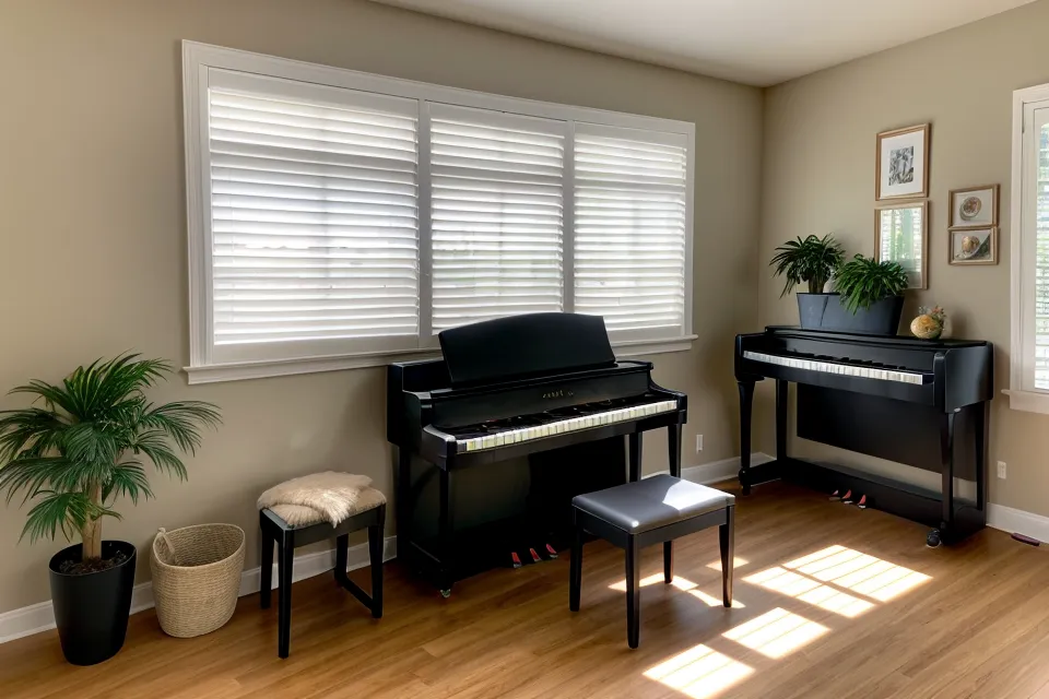 Rincón de práctica de piano en el comedor al atardecer en Cali