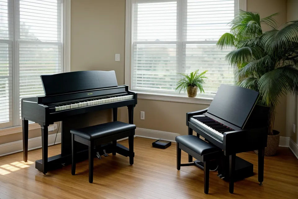 Auriculares y cancionero sobre un piano digital, sugiriendo una sesión de escucha activa.