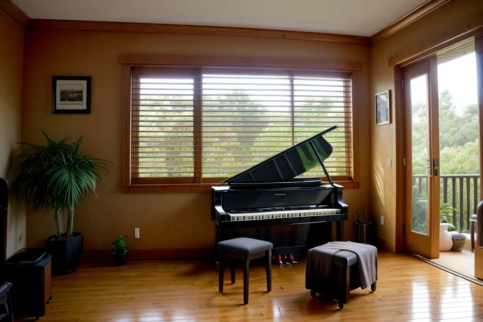 Primer plano de teclas de piano con textura y partituras viejas al fondo.