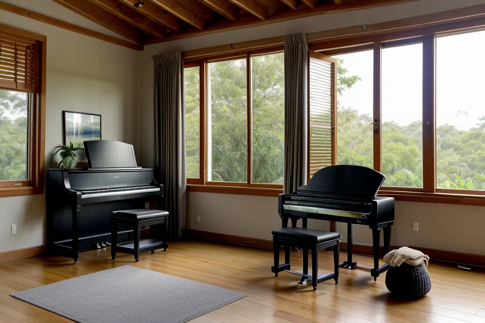 Computadora portátil con un curso de piano cristiano junto al teclado digital.