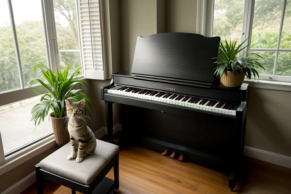 Piano setup next to a translator's workspace on a wooden dining table