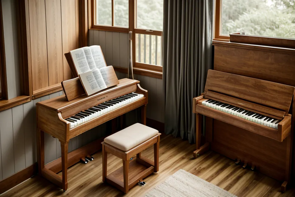 Sunset light over a piano and songbook in a Cali apartment