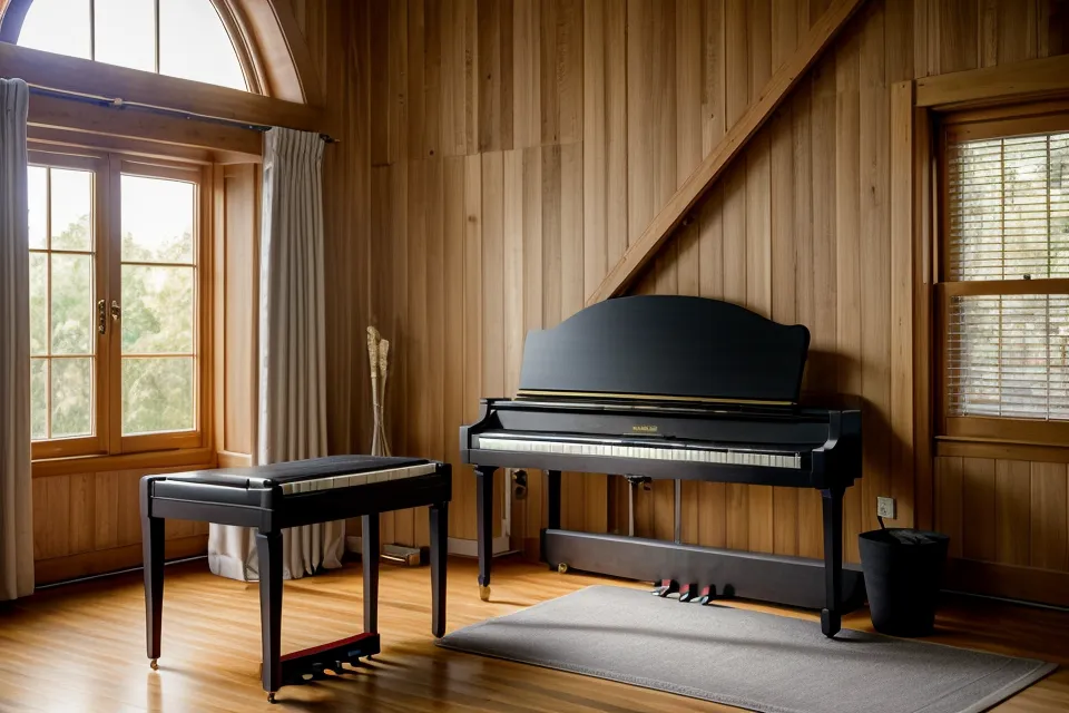 Himnario antiguo apoyado junto al piano digital durante una sesión de estudio independiente