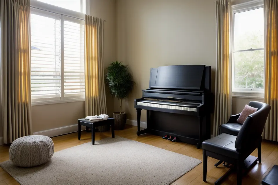 Primer plano de manos tocando un acorde de piano con un himnario de fondo.
