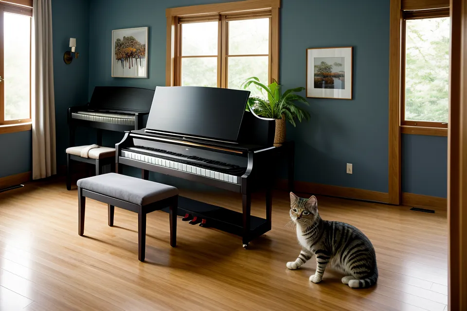 Espacio de trabajo compartido entre traducción y práctica de piano en un comedor.