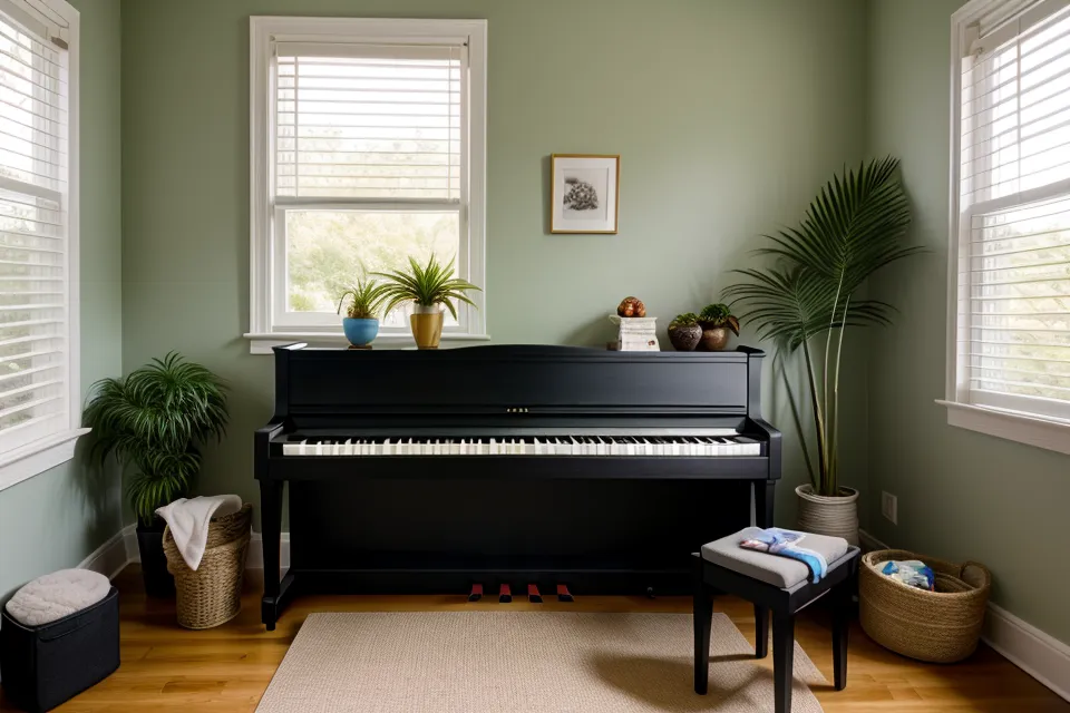 Manos de mujer tocando acordes en un piano digital con luz cálida de atardecer.