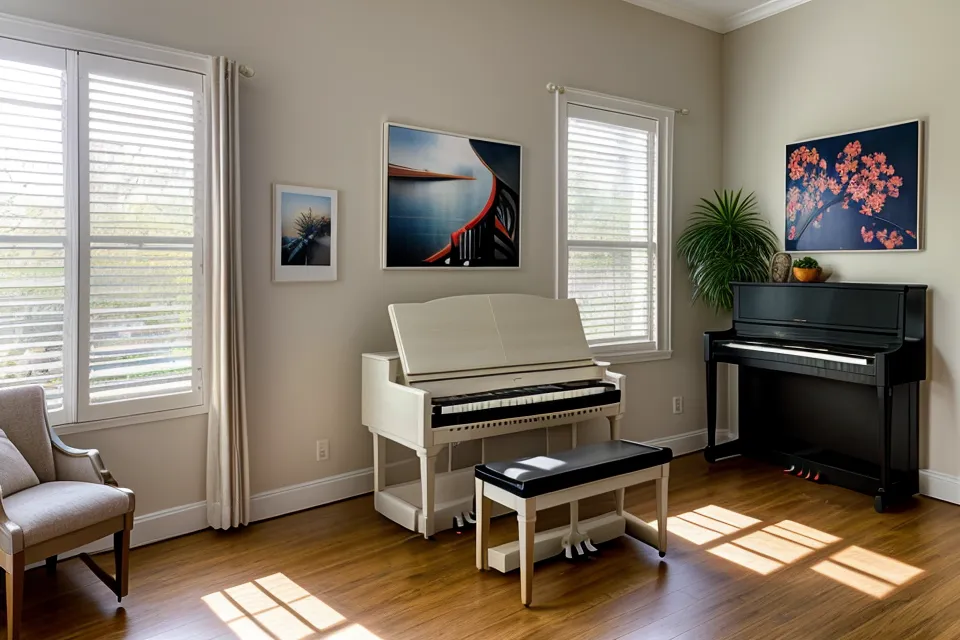 Espacio de práctica de piano con cancionero abierto, ejemplo de salud del músico y buena ergonomía al tocar.